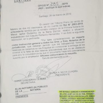 Oficio para que notaría acepte la reserva de derecho