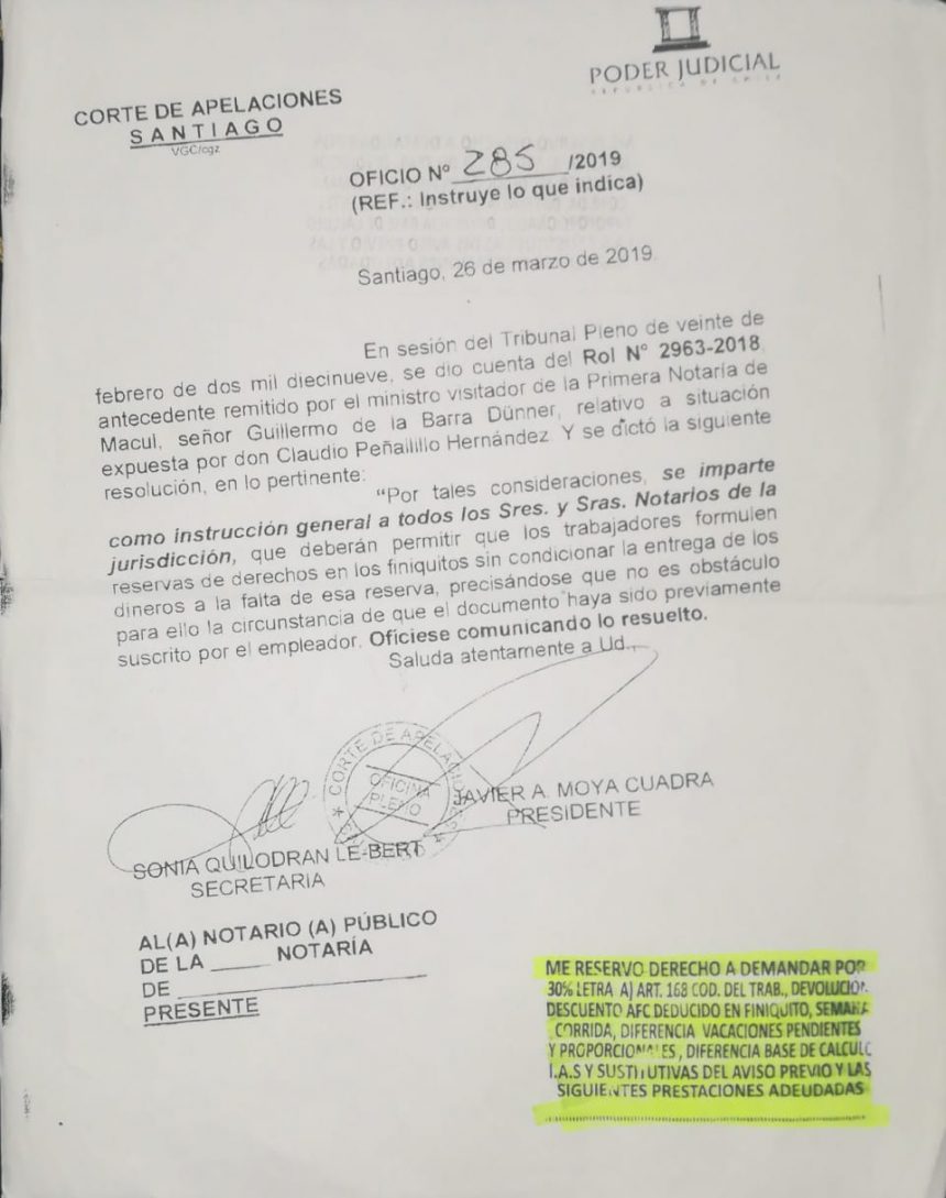 Oficio para que notaría acepte la reserva de derecho