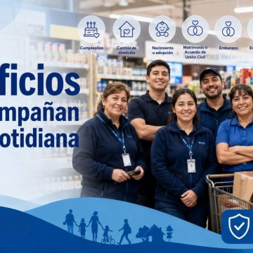 Trabajadoras y trabajadores subcontratados del retail en un supermercado, representando beneficios del contrato colectivo.