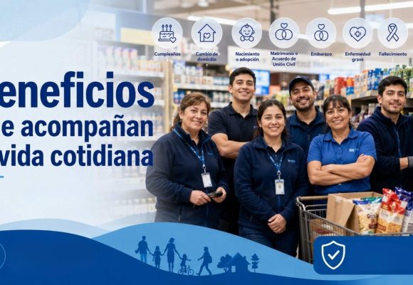Trabajadoras y trabajadores subcontratados del retail en un supermercado, representando beneficios del contrato colectivo.