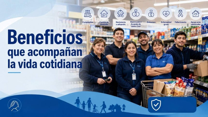 Portada beneficios vida cotidiana SCCH Trabajadoras y trabajadores subcontratados del retail en un supermercado, representando beneficios del contrato colectivo.